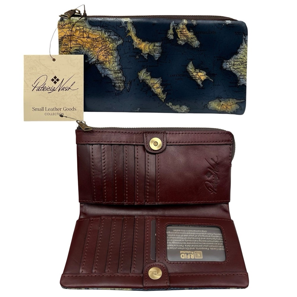 Patricia Nash Women's Leather Bifold RFID Wallet Greek Map Print Blue Tan